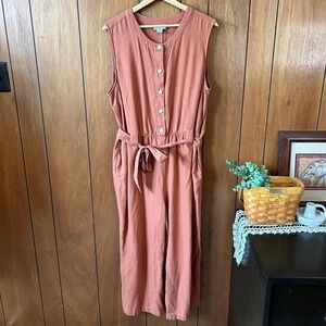 Vintage Liz Claiborne Rust Orange Sleeveless Button Front Jumpsuit Linen